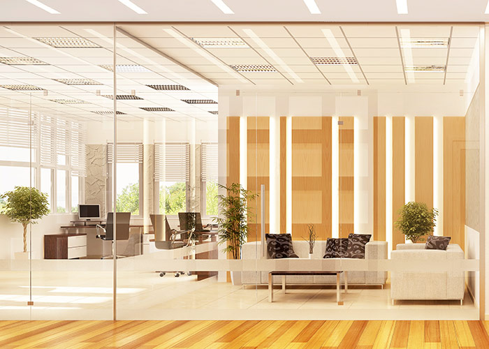 An office interior featuring warm orange and brown tones