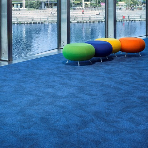 A photo of a reception area with blue carpet