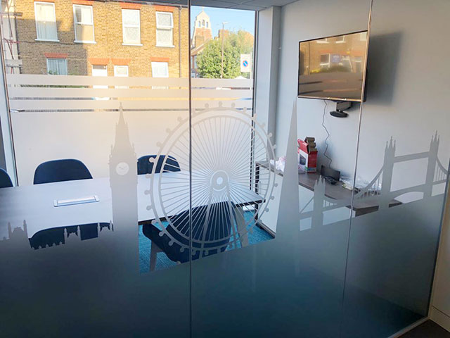 Photo of new meeting room with London Skyline window graphics