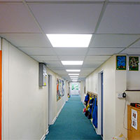 Modern, well lit corridor in local school