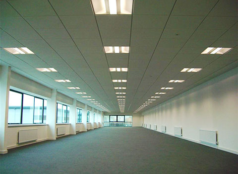 Photo showing a newly refurbished office with suspended ceiling