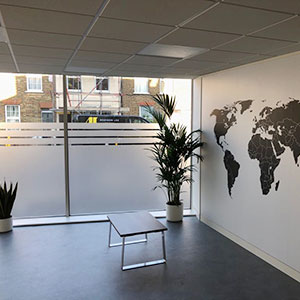 Photo of refurbished front office showing wall graphics